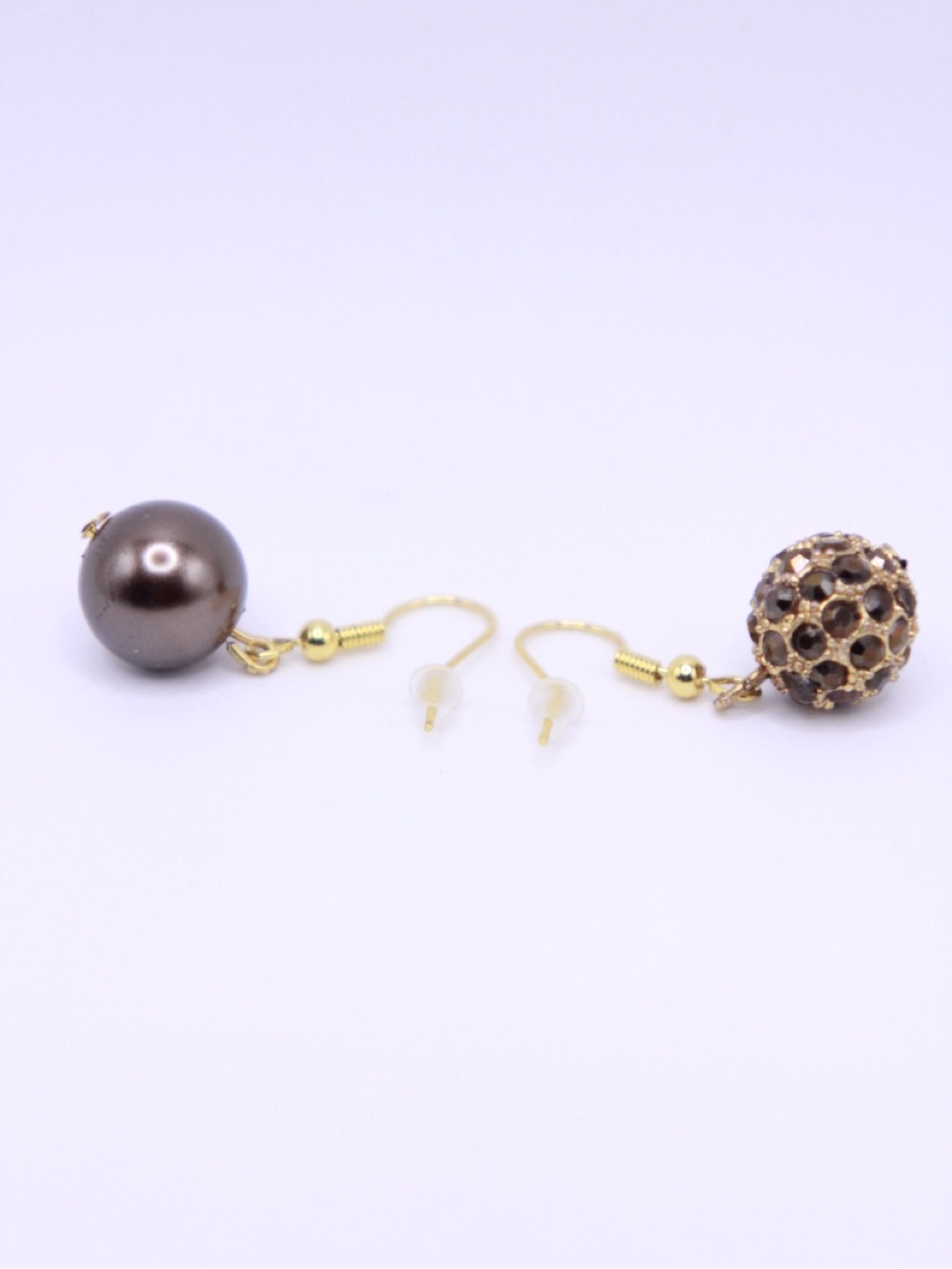 New Hypoallergenic Gold tone Asymmetrical Glass Bronze Pearl rhinestone Earrings